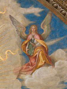 Apsis, Catino Apsis, Pantokrator unter den Heiligen Marcellino, Imerio, Omobono, Peter Exorzist, Detail Engel rechts von Boccaccio Boccaccino