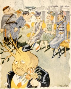 Karikatur, die Deutschland darstellt, wie es Frauen umwirbt, als Personifikationen von Österreich, Tschechoslowakei und Rumänien