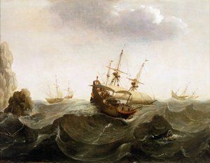 Ein niederländisches Handelsschiff nach Ostindien lässt zwei Heringsfischerboote passieren, von Bonaventura Peeters