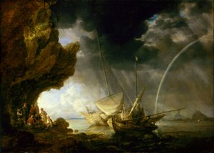 Meereslandschaft mit Seeleuten, die sich vor einem Regensturm schützen, Mitte des 17. Jahrhunderts von Bonaventura Peeters