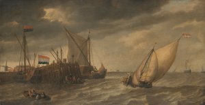 Reisende, die bei starkem Wind an einem Steg an der Schelde anlanden