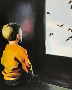 Fensterblick des kleinen Jungen