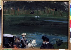 Bois de Boulogne. Der See mit Schwänen und Spaziergängern