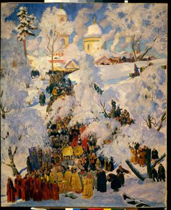 Die große Wasserweihe während des Festes der Theophanie. Traditionelle Szene der russisch-orthodoxen Kirche, liturgische Prozession der Karwoche, Feier der Taufwasser in einer Schneelandschaft