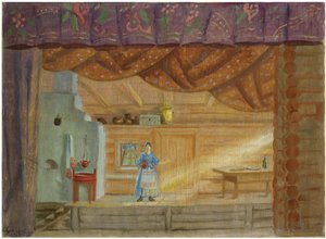 Bühnenbild für das Stück Virineya von Lidia Seyfullina, 1925 von Boris Mikhailovich Kustodiev