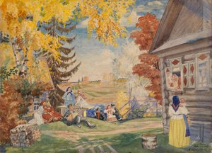 Bühnenbild für das Theaterstück Bauernfrauen von Alexander Neverov, 1920