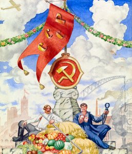 "Arbeiter und Bauer vereint unter der kommunistischen Flagge" - Propagandaposter von Boris Michaylovich Kustodiev (1923) von Boris Mikhailovich Kustodiev