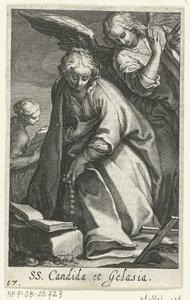 Heilige Candida und heilige Gelasia als Einsiedlerinnen mit Engel von Boëtius Adamsz. Bolswert