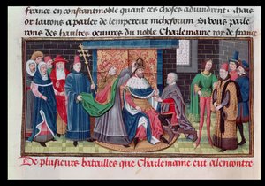 Die Krönung von Kaiser Karl dem Großen durch Papst Leo III. am Heiligabend 800 n. Chr., aus Chroniques des empereurs von David Aubert, 1462