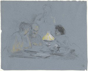 A. Grandmont und drei Figuren, lesend bei Lampenlicht