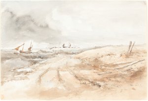 Küstenlandschaft mit Booten in unruhigem Wasser