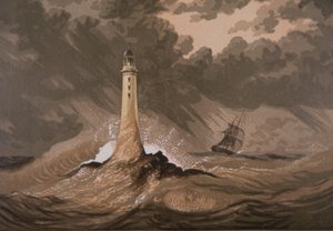 Leuchtturm warnt Schiffe vor Felsen im Sturm auf See