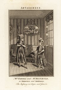Mrs Margaret Farrel und Mr Charles Frederick Reinhold in persischer Tracht als Artaxerxes und Artabanes in Thomas Arnes Oper Artaxerxes von British School