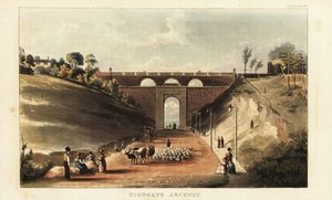 Blick auf Viehtreiber, die Rinder und Schafe zum Smithfield Market unter dem Torbogen am Highgate Hill treiben