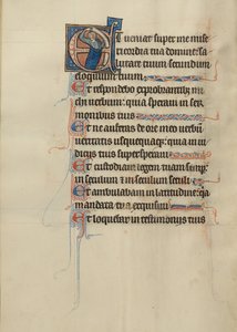 Initial E: Ein Mann hält eine Schriftrolle