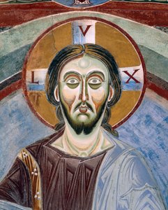 Antlitz Christi Pantokrator, Detail der romanischen Fresken im byzantinischen Stil, spätes 11. Jahrhundert, Kapelle des heiligen Eldrad und des heiligen Nikolaus, Abtei Novalesa, Piemont von Byzantine