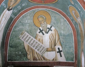 Gemälde eines Heiligen mit einem Brief, St. Ignatius von Antiochien, Panagia Too Araka, Lagoudera, Zypern