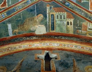 Heiliger Eldrad kehrt von Santiago de Compostela zurück, Detail aus den Geschichten des Lebens des Heiligen Eldrad, Romanisches Fresko, Byzantinischer Stil, spätes 11. Jahrhundert, Kapelle des Heiligen Eldrad und des Heiligen Nikolaus, Abtei von Novalesa,  von Byzantine