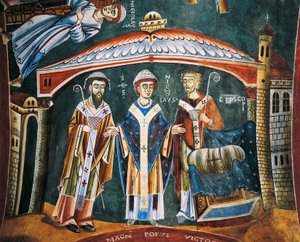 Der heilige Nikolaus wird zum Bischof von Myra geweiht, Detail aus den Geschichten des heiligen Nikolaus, romanisches Fresko, byzantinischer Stil, spätes 11. Jahrhundert, Kapelle des Heiligen Eldrad und des Heiligen Nikolaus, Abtei von Novalesa, Piemont, I