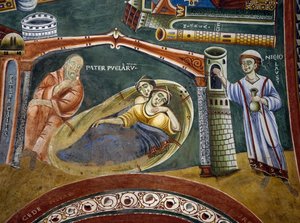 Heiliger Nikolaus rettet reichen Kaufmann, der in Armut gefallen ist, und bezahlt die Mitgift seiner Töchter, Detail aus den Geschichten des Heiligen Nikolaus, Romanisches Fresko, Byzantinischer Stil, spätes 11. Jahrhundert, Kapelle des Heiligen Eldrad und von Byzantine