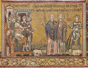 Hl. Cassius und hl. Casto vor dem Kaiser, byzantinisches Mosaik, XII-XIII Jahrhundert, an der Gegenfassade von Byzantine
