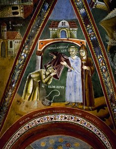 St. Nikolaus, Geschichten aus dem Leben von St. Eldrad und St. Nikolaus, St. Eldrado wendet sich an St. Jakobus von Compostela: Empfang eines Mönchshabits vom Abt von Novalesa (Detail) von Byzantine