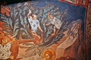 Der Einzug Christi in Jerusalem. Detail: Kinder schneiden Palmzweige - Malerei von Damiane (aktiv im 14. Jahrhundert) - 14. Jahrhundert - Fresko - St. Georgs Kloster, Ubisi von Byzantine