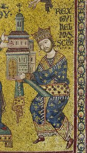 Querschiff: das byzantinische Mosaik, das König Wilhelm II. darstellt, der der Jungfrau Maria die Kathedrale anbietet, Detail