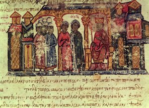 Die Bekehrung von Olga (gest. 969) aus den Madrid Skylitzes von Byzantine School