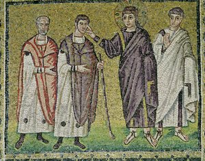 Die Heilung von zwei Blinden aus Jericho, Szenen aus dem Leben Christi (Mosaik) von Byzantine School
