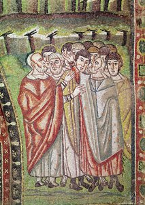 Das hebräische Volk, Detail der Gastfreundschaft Abrahams und des Opfers Isaaks, 6. Jahrhundert (Mosaik) von Byzantine School