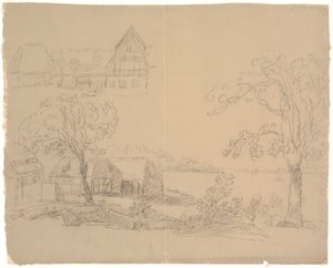 Landschaft mit Bauernhof an einem See von C.A. Lorentzen