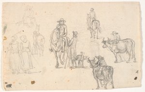Skizzen mit Bauern, Pferden und Kühen von C.A. Lorentzen