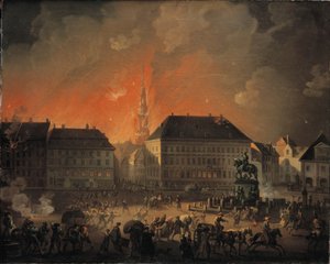 Die schrecklichste Nacht. Ansicht von Kongens Nytorv in Kopenhagen während der englischen Bombardierung von Kopenhagen in der Nacht vom 4. auf den 5. September 1807