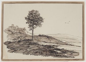 Berglandschaft mit Bäumen, im Hintergrund Häuser