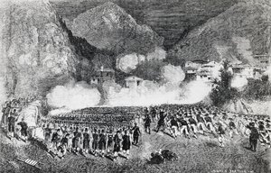 Division von General Giacomo Medici greift Levico Terme an, Trentino-Südtirol, Juli 1866, Dritter Unabhängigkeitskrieg, Gravur, Italien von J.B. and Brown J. Rowbotham