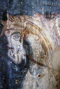 Pferd, Detail aus Fresko in der Kirche Agios Georgios, Vathiako, Kreta, Griechenland (Foto)