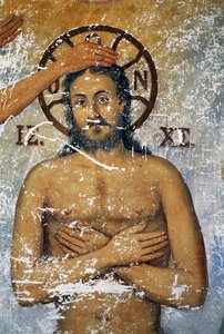 Jesus wird von Johannes dem Täufer getauft, Fresko in der Kirche des Klosters St. Johannes Theologe (Unesco-Welterbeliste) von J.B. and Brown J. Rowbotham