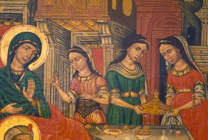 Madonna und Frauen, die Essen tragen, Arkadi, Kreta, Griechenland (Foto) von J.B. and Brown J. Rowbotham