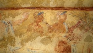 Musiker, Fresko, Detail, Grab der Blauen Dämonen, Nekropole von Tarquinia (UNESCO-Welterbeliste, 2004), Latium, Italien. Etruskische Zivilisation, 5. Jahrhundert v. Chr. (Foto) von J.B. and Brown J. Rowbotham