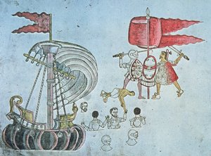 Spanische Soldaten von Hernan Cortes waten 1519 an Land, um gegen die Azteken zu kämpfen, kopiert aus dem Codex Azcatitlan, ca. 1550