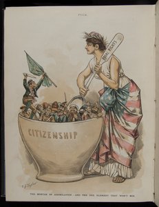 Der Mörser der Assimilation - Und das eine Element, das sich nicht mischen lässt, Illustration aus Puck Magazine, 26. Juni 1889