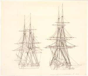 Eine Korvette und eine Brigg vor Anker
