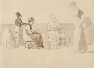 Szene aus einem Hof oder Kai in Paris. Vier sitzende, stehende und gehende Figuren.