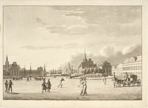 Schlossplatz in Kopenhagen mit Holmens Kirche, Börse, der nun verschwundenen Bank und Kanzleigebäude ("Das rote Gebäude") von Christoffer Wilhelm Eckersberg