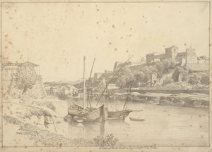 Blick über den Tiber bei Porto di Ripa Grande außerhalb von Porta Portese in Richtung Marmorata und den Kirchen auf dem Monte Aventino, Rom von Christoffer Wilhelm Eckersberg