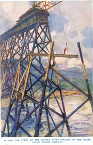 Stahlverlegung auf dem Battle River Viadukt der Grand Trunk Pacific Railway