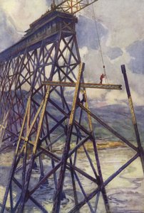 Stahlverlegung der Battle River Viadukt der Grand Trunk Pacific Railway, Kanada (Farblithografie)