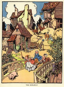Ausreißendes Ferkel (Farblithographie) von C. E. B. Bernard