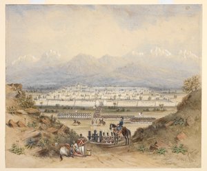 Ein General, der Kavallerie und Infanterie überprüft, die im Begriff sind, eine ummauerte Stadt in bergigem Land zu betreten, vielleicht Kandahar (N.W.F.P.). 1843, nach einer früheren Skizze.